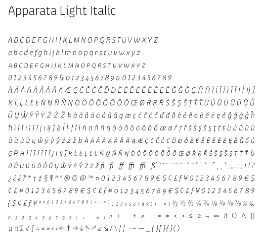 apparata light italic glyph map